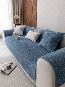 1pc Plain Chenille Sofa Cover, High Density Thickened Design For All Season Universal Sofa Protector, Anti-Slip Anti-Scratch Sofa Slipcover For Living Room, Bedroom, Study Room, 1/2/3/4 Seater With Armrest & Backrest - Blue - View 4