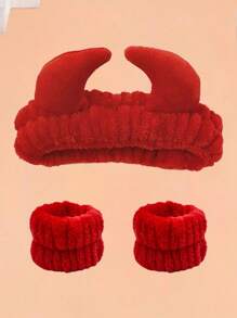 3pcs Cute Horns Headbands, Multifunctional Hair Accessories, Makeup Remover, Wrist Strap Home Bathroom Decor Fall Decor Back To School Hair Accessories