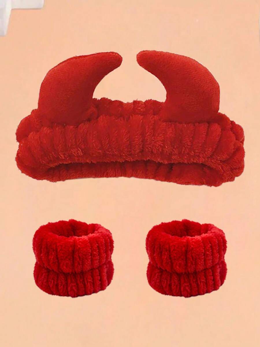 3pcs Cute Horns Headbands, Multifunctional Hair Accessories, Makeup Remover, Wrist Strap Home Bathroom Decor Fall Decor Back To School Hair Accessories