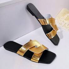 Dép xỏ ngón vuông rộng rãi cho nữ cỡ lớn, dép xỏ ngón thời trang hai tông màu đan chéo để đi trong nhà và ngoài trời, mùa hè - Vàng - Xem 2