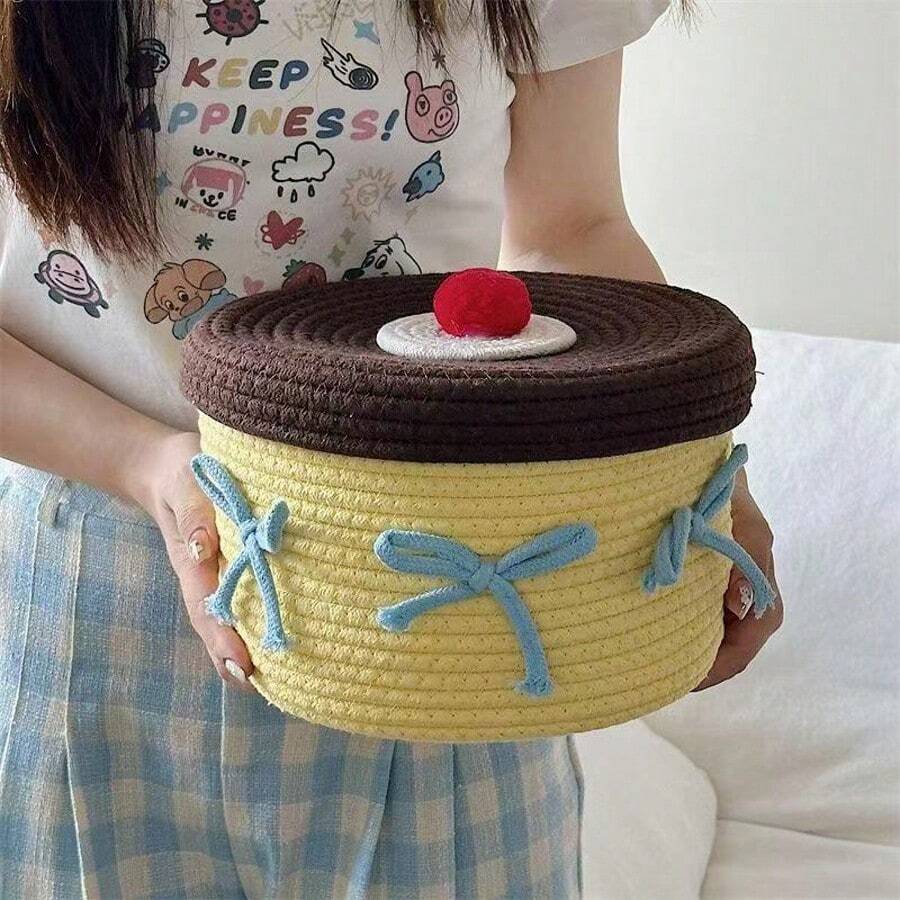 1pc Woven Storage Basket, Cartoon Desktop Organizer Box, Snack, Cosmetic Storage Bin - Yellow - View 1