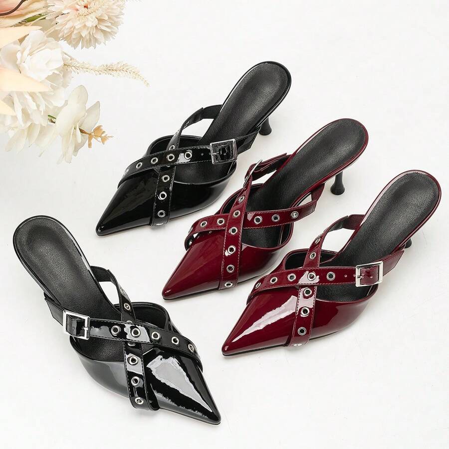 勃艮第红色尖头高跟铆钉玛丽珍穆勒鞋，带金属扣，优雅的办公室和派对时尚女士高跟鞋 - 酒紅色 - 查看 1