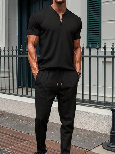 1 Set Men Casual Solid Color Waffle Knit Short Sleeve Zipper Collar Polo Shirt + Long Pants 2 Pieces Set, Summer Men Casual Sports Suit