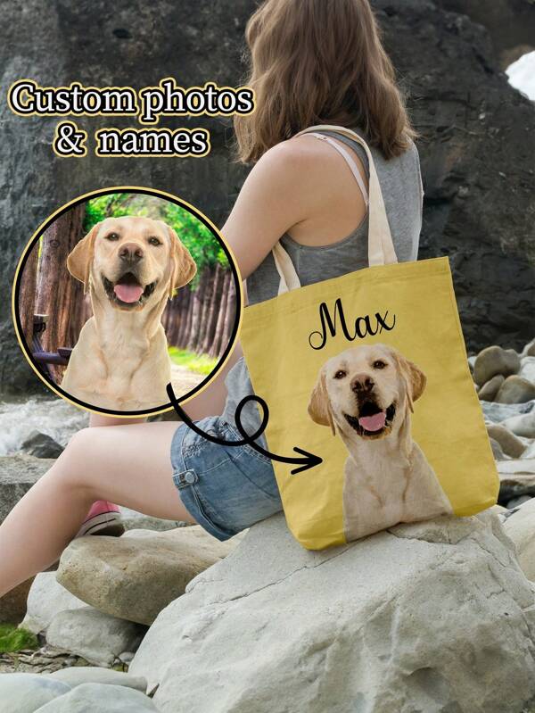 Custom Pet Portrait Name Tote Bag Personalized Cat Dog Mom Owner Lover Photo Beach Shopping Library Gift Travel Cute Daily Aesthetic, Multifunction, Versatile, Large Capacity, Lightweight, Functional, Practical, All-Purpose, Colorful, Personalized, Unique, Customized, Ideal Gifts For Him, Ideal Gifts For Her, Her, Boyfriend, Girlfriend, Family, Friends, For Anniversaries, For Birthdays, For Holiday/ Vacation, For Outdoors/Outings/Travel/Hiking/Stadium/Sports/Climbing, For Business/Commute/Work/Office, Travel