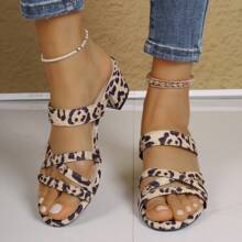 New Plus Size Fashion Versatile Chunky Heel Open Toe Leopard Print Slide Sandals For Women