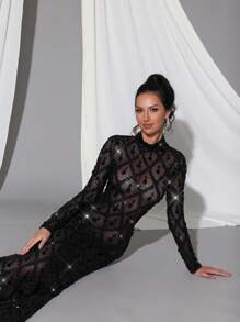 Modphy Vestido de Body entero de manga larga de malla transparente con lentejuelas y strass - Vestido de dama de honor de lujo para boda, fiesta, eventos, invitado de boda, vestido de noche