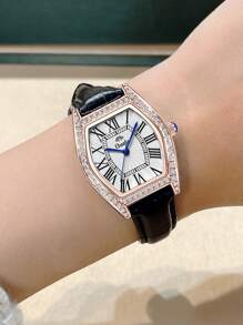 Duolz Quality Diamond Decorated Simple Pu Leather Belt Roman Numeral Women's Waterproof Watch