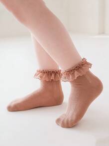 1 Pair Solid Color Lace Trim Hollow Breathable Soft Comfortable Girls Socks, Princess Style Suitable For Casual, School, All Seasons