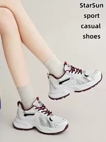 1 Pair Women's Spring/Autumn New Style Sports Chunky Chunky Sneakers, Lace-Up Mesh Breathable Platform Low Vamp Wedge Heel Casual Shoes, Lightweight Versatile Fashionable Casual Sneakers, Lace-Up, Milky White