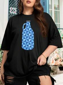 Geometric Growler IPA Beer Oversize Women T-Shirt For Women (Plus Size) Hops Stout Bottle Glass Tap - Black - View 1