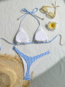 Women's Printed Fashionable Yellow Plaid Pattern Mini Triangle Bikini Set, Suitable For Summer Swimwear - Blue - View 3