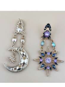 新款巴洛克风格夸张日月不对称长耳环，复古女士耳环礼物 - 金色 - 查看 3