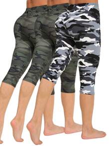 3 条装女式休闲紧身裤，欧美时尚户外紧身裤，灰色和绿色迷彩图案，适合夏季连衣裙、派对、海滩度假、徒步旅行、健身、柔软有弹性的七分裤 - 彩色 - 查看 1