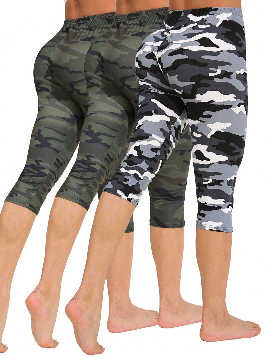 3 条装女式休闲紧身裤，欧美时尚户外紧身裤，灰色和绿色迷彩图案，适合夏季连衣裙、派对、海滩度假、徒步旅行、健身、柔软有弹性的七分裤 - 彩色 - 查看 1