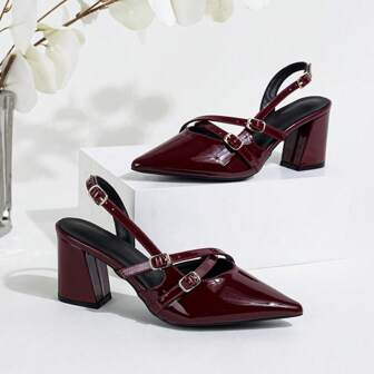 1 双女士新款酒红色露趾粗高跟尖头凉鞋，透气，适合搭配连衣裙，加大码