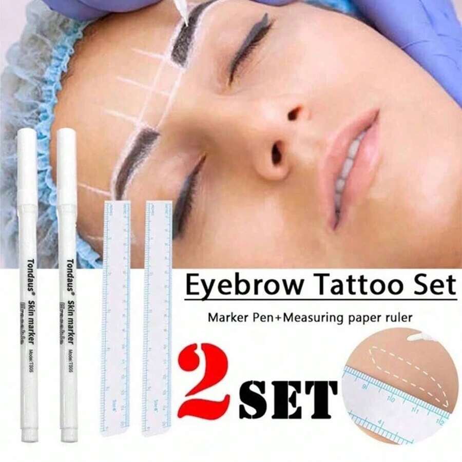 Juego de bolígrafos marcadores de cejas blancos, herramienta de posicionamiento de maquillaje permanente con regla, pluma marcadora de piel para tatuaje, pluma con regla para líneas de posicionamiento de maquillaje permanente - Multicolor - Ver 1