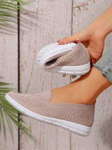 2025 Comfortable Casual Breathable Minimalist Slip-On Round Toe Flat Soft Bottom Women's Athletic Sneakers, Lightweight Breathable Hollow-Out Solid Color Versatile Walking Shoes, Spring/Autumn New Vacation Style Starry Sweet Hiking Shoes