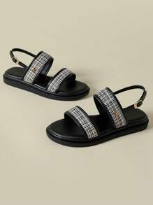 女士厚底绑带扣凉鞋休闲波西米亚风度假复古黑彩拼接露趾防滑舒适夏季新款坡跟不累时尚户外沙滩罗马鞋