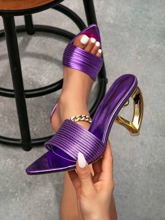 方头时尚性感紫色凉鞋，优雅不对称高跟露趾简约正装鞋，适合派对、正式活动
