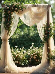 1 pieza Arco de boda romántico color champán con cortina de tul, de material de poliéster, cortina de boda color champán, fondo de boda liso, decoración para fiesta de cumpleaños, ceremonia de boda y recepción, adecuada para bodas y fiestas grandes, telones de fondo de boda, decoraciones para fiestas festivas, decoraciones del Día de San Valentín