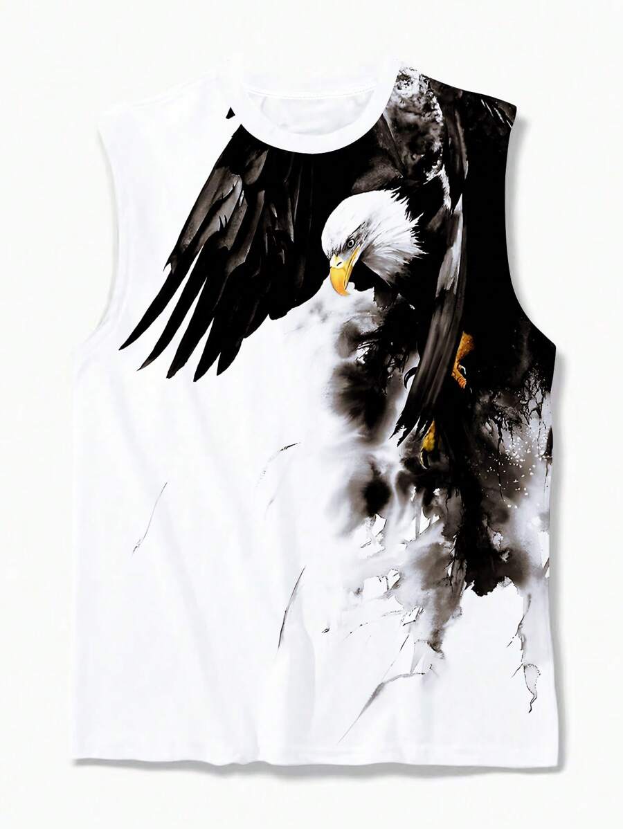 男士卡通老鹰印花背心，休闲假日 T 恤，适合外出和街头穿着