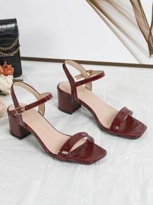 2022 年新款夏季酒红色褶皱高跟凉鞋，系带踝带优雅粗跟女鞋 - 酒紅色 - 查看 5