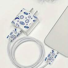 Blue Pattern Charger Data Cable Accessory Protective Case, Compatible With Apple 15/14 Pro Max, Compatible With PD18/20W Charger Protective Case, Durable And Stylish. - Blue - View 2