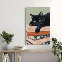 Framed Black Cat On Book Stack Canvas Poster, Artistic Animal Print,   Wall Art, Modern Vintage Style, Indoor/Outdoor Use, Home Office, Bathroom, Living Room, Kitchen, Bedroom Decor, Spring/Winter Season, Ink Medium  Birthday Party Decor, Mother's Day New Year Easter Gift, , Home Living Room Office Wall Decor, Perfect Gift And Wall Decoration