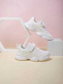 Kids Sports Shoes Casual Comfortable Leather Patchwork Versatile White Shoes, Girls & Boys Hook-And-Loop Non-Slip Wear-Resistant Lightweight Casual Running Shoes - White - View 4