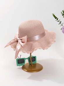 1pc Girls' Pink Satin Bow Decor Wavy Straw Hat, Sweet & Cute Sun Hat Suitable For Summer Outdoor, Daily, Vacation, Beach, UV Protection - Multicolor - View 2