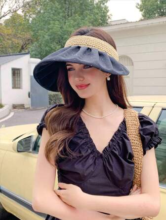 1 件女士可折叠宽边遮阳帽，适合夏季各种场合