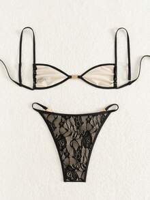 蕾丝材质可调节肩带系蝴蝶结珍珠装饰女士泳装比基尼套装，适合夏季海滩度假