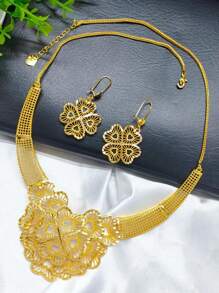 1 Juego de collar y pendientes con diseño hueco en forma de corazón, chapado en oro, joyería para mujeres, adecuado para Arabia Saudita, EE.UU., Reino Unido, Francia, Alemania, retro, Dubái, boda, fiesta, Día de la Madre, San Valentín, mamá, madre, regalo