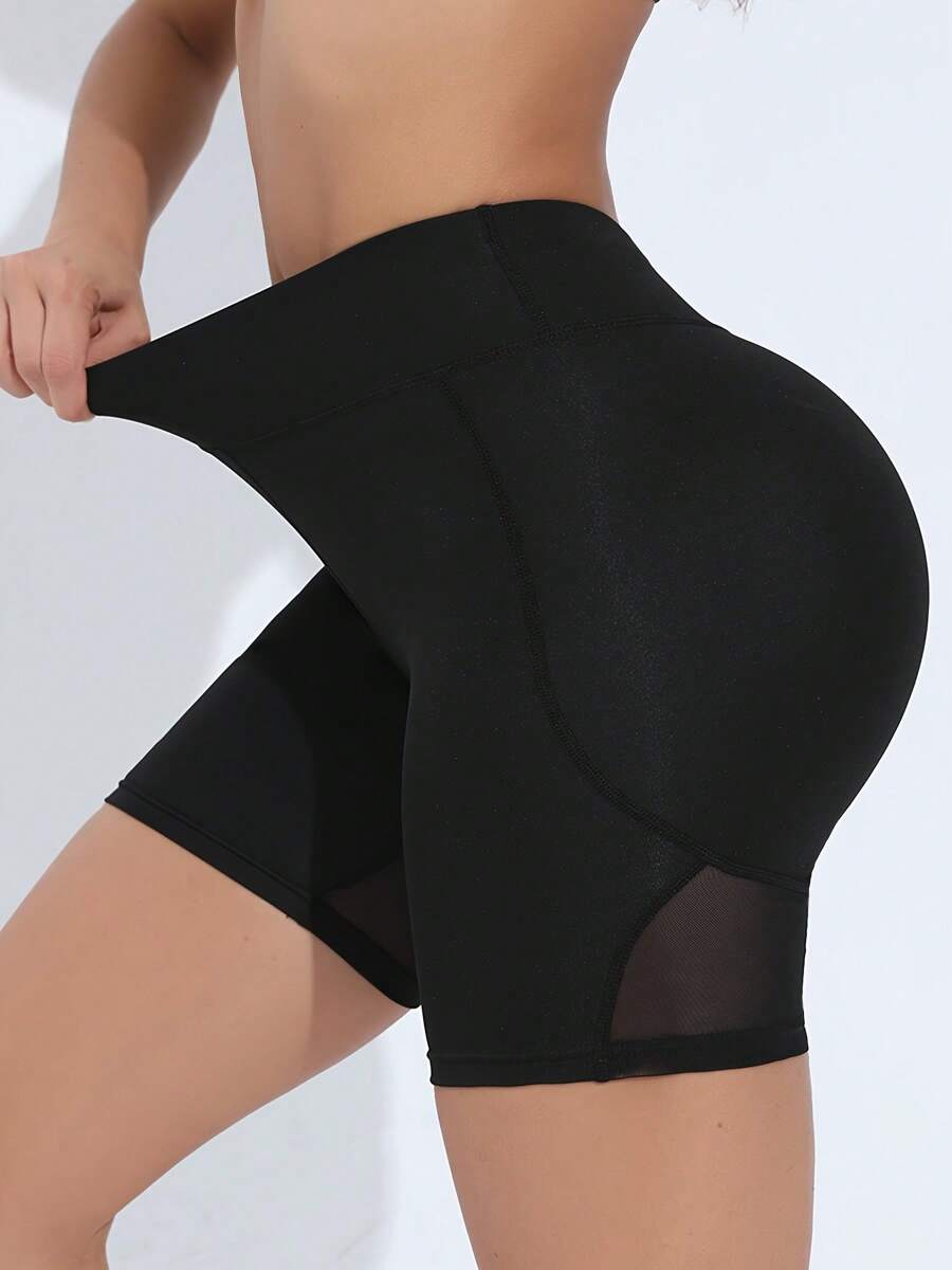 Women High Waist Skinny Mesh Yoga Shorts, Casual Sports Shorts - Black - View 1