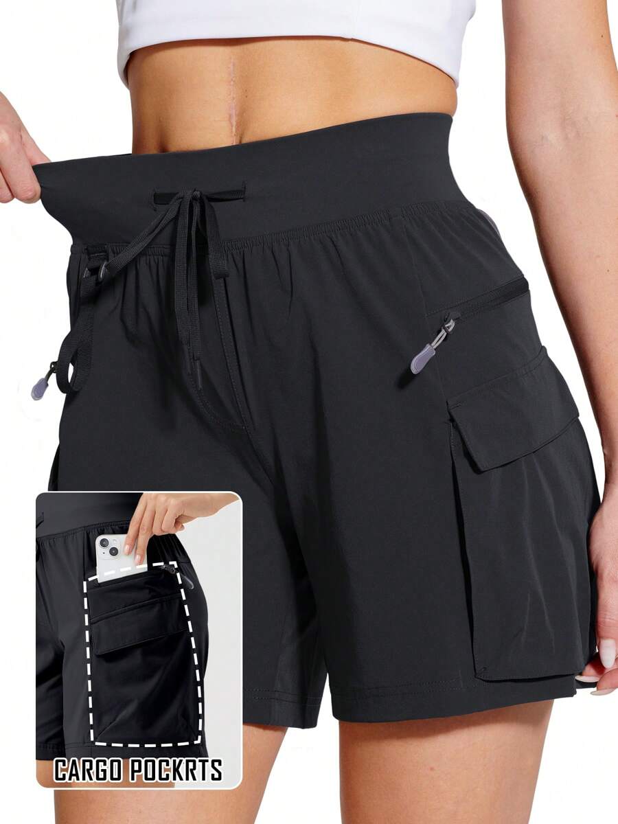 Women's Quick-Dry UPF 50+ Hiking Cargo Shorts - Lightweight Athletic 6'' Shorts With Big Zipper Pockets & Adjustable Drawstring Waist, Regular Fit For Outdoor, Golf, Spring/Summer/Fall, Hiking Shorts - 黑色 - 查看 1