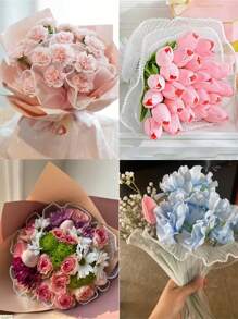 6 pièces/set Bouquet de fleurs en chiffon de style vague coréen, artisanat de fleurs roses pour l'emballage-cadeau, convient pour la décoration de fleuriste, les faveurs de mariage, les cadeaux d'anniversaire - chiffon, volants, perles, rose, blanc