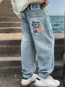 1pc Young Boy Casual Cartoon Print Elastic Waist Denim Pants, Suitable For Spring - Blue - View 3
