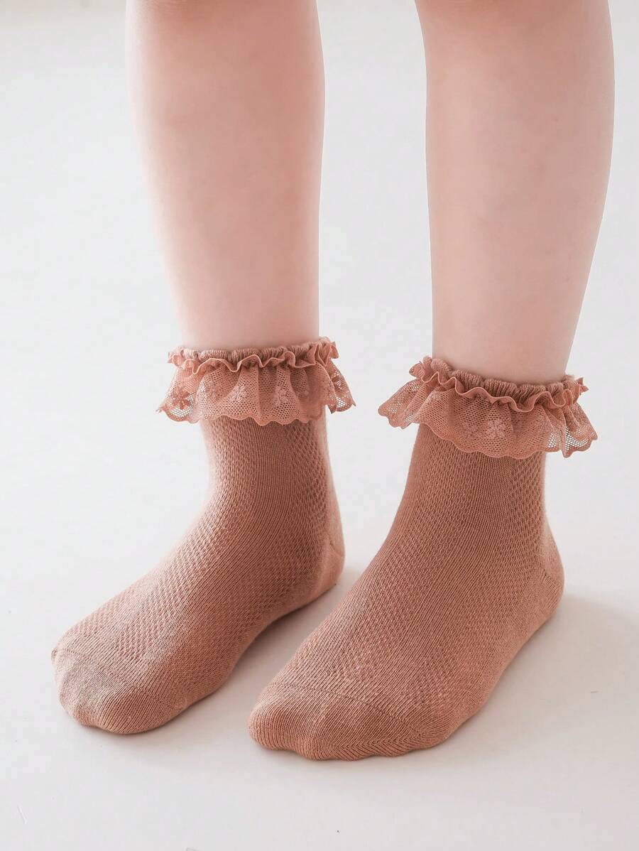 1 Pair Solid Color Lace Trim Hollow Breathable Soft Comfortable Girls Socks, Princess Style Suitable For Casual, School, All Seasons