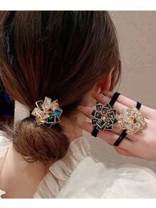 1pc Elegant New Zinc Alloy Square Rhinestone Stretch Hair Tie Ponytail Holder, Suitable For Ladies Everyday Wear, Party, Gathering,Hair Accessories,Hair Elastics,Hair Ties,Hair Rope Ponytail Holders, Hair Bobbles ,Gym Sport Outfit Head Accessories