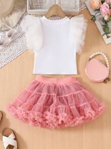 2pcs/Set Young Girl Casual Simple Style T-Shirt + Tutu Skirt Set