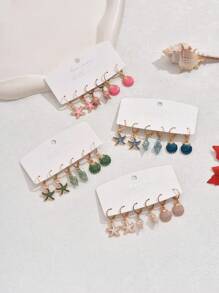 3 对海星、贝壳、蜗牛形油滴耳环套装，女士可爱海滩度假珠宝套装
