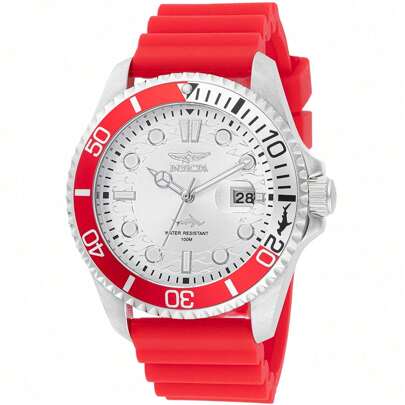 Invicta 47167 Men's Pro Diver Silver Tone Dial Red Strap Watch