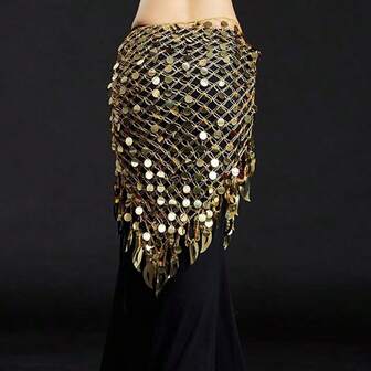 1PC Extra Large Belly Dance Hip Scarf With Sequins Mesh Triangle Waist Wrap Skirt For Women Bohemian Dance Accessories (Multicolor, Adjustable) Belly Dance Hip Scarf Sequined Waist Wrap Adjustable Mesh Skirt For Women, Festival Performance Accessories