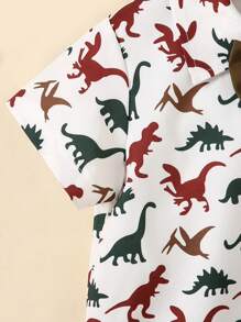 2pcs/Set Toddler Boys Spring/Summer Casual Dinosaur Print Shirt + Shorts Set, Fashionable - Apricot - View 3
