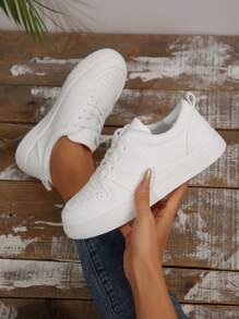 女士时尚系带休闲运动鞋、滑板鞋 - 白色 - 查看 1