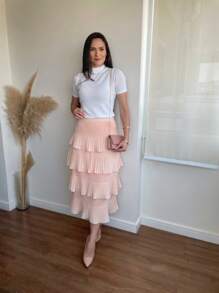 Pleated Skirt With 4 Ruffles, 4 Marias, 4 Layers - Coral Orange - View 2