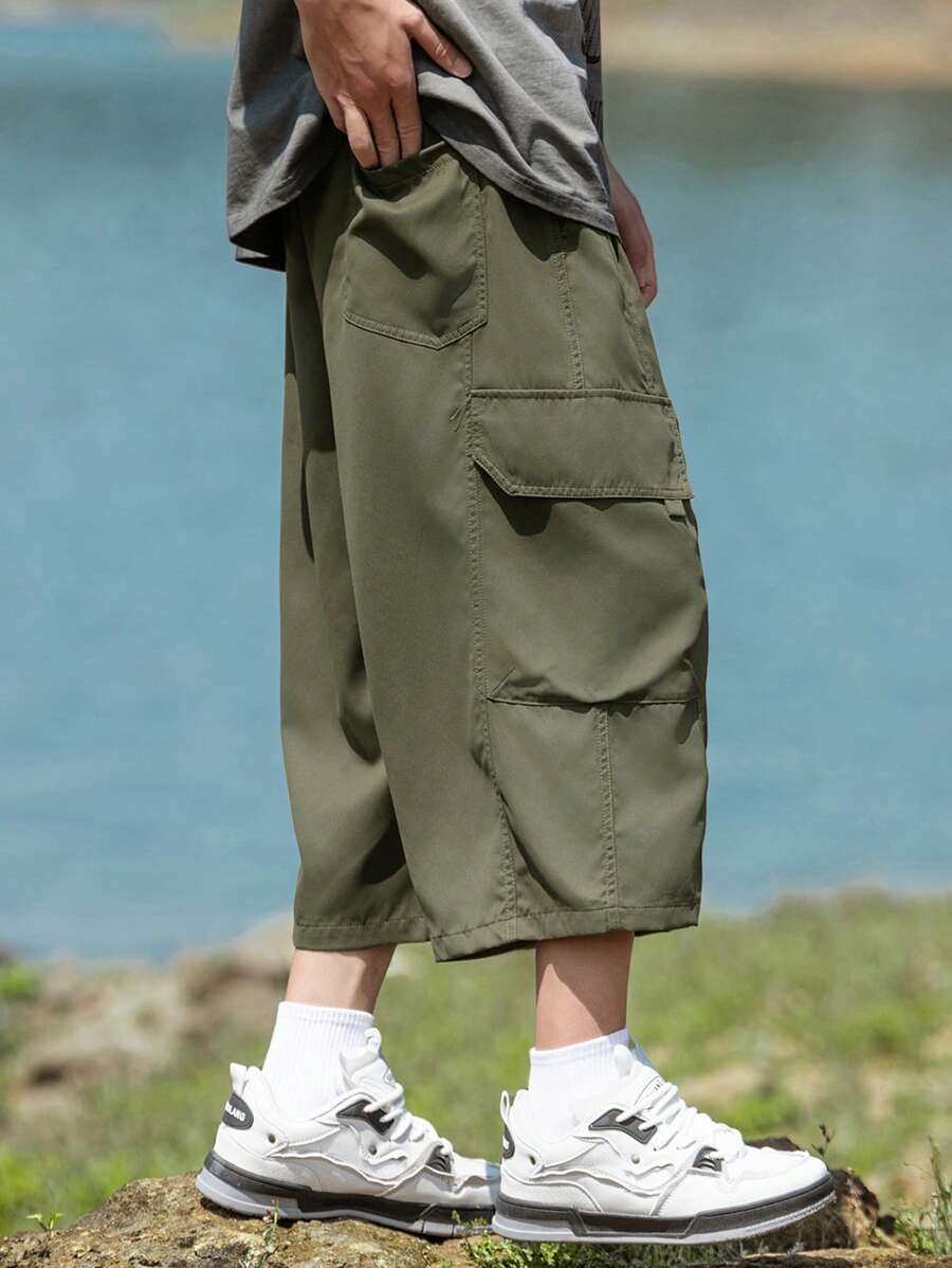 Military Green Plus Size 7-Point Cargo Shorts, Straight Leg Casual Workwear Pants, Suitable For Spring And Summer - Army Green - View 1