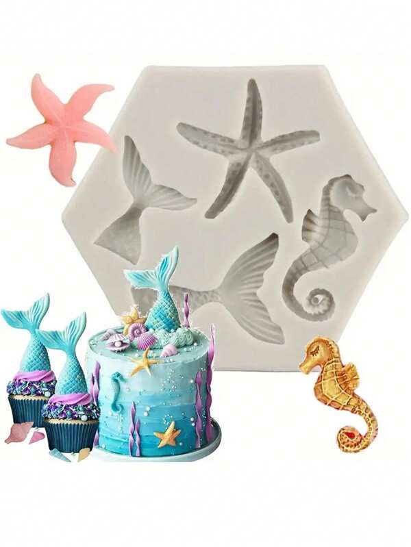 1 pieza Molde de silicona con temática marina gris en forma de sirena, estrella de mar y caballo de mar para decorar pasteles DIY con resina epoxi, herramienta de repostería