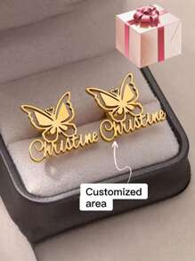 A Pair Of Butterfly Personalized Name Earrings, Vintage Elegant Custom Jewelry For Birthdays, Anniversaries, Weddings, Bridesmaids Gifts, Suitable For All Seasons - No Gift Box