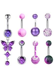 1 Set (7pcs) White Stone Butterfly Zirconia Navel Rings, Women Belly Button Piercing Crystal Navel Studs Body Jewelry Set